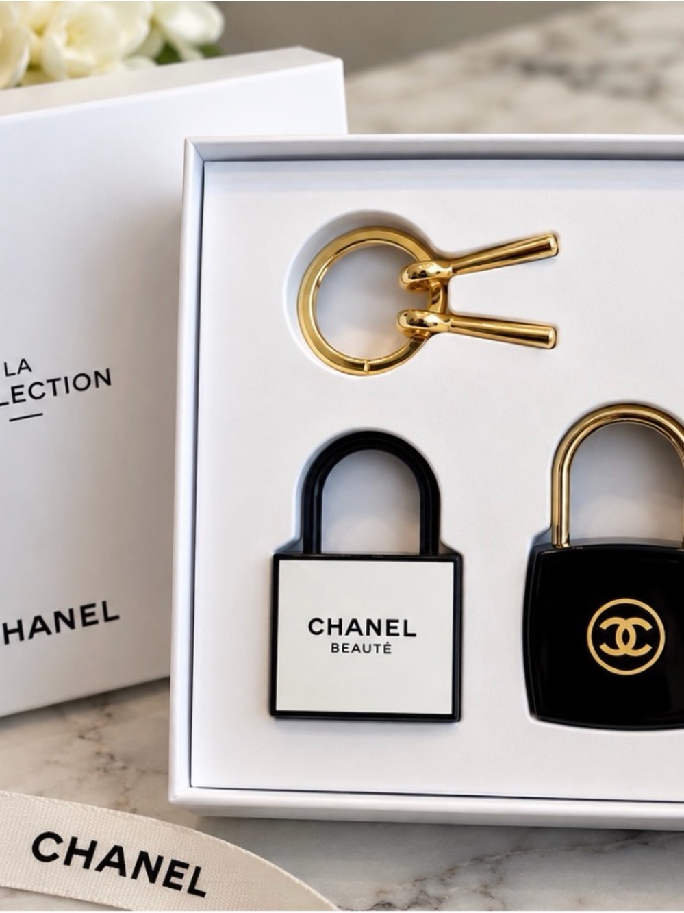CHANEL Black & White Lock Keychain Set - Luxury Women Accessories